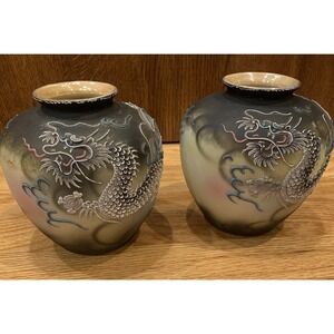 Pair of Moriyama Morimachi Hand Painted Vase Dragon Smokey Gray Moriage Japan 5"